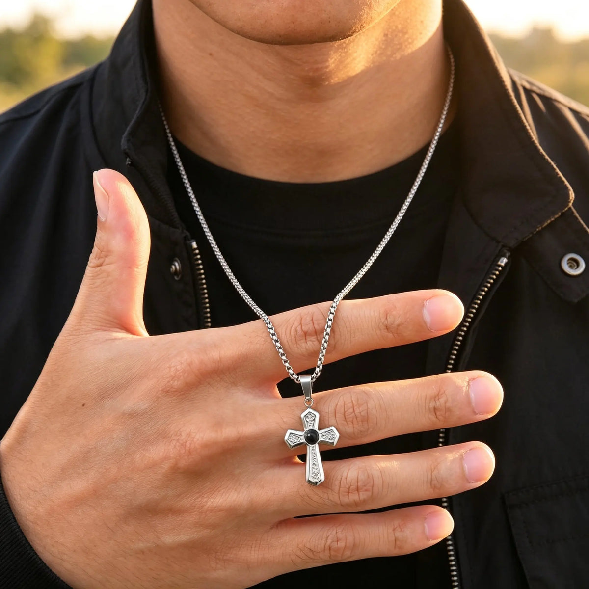 Stylish Black Natural Stone Cross Pendant Neckalce for Men,Stainless Steel Gothic Black Onyx Cross Charm Necklace Jewelry Gift