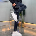 High-end 2026 Dark Blue Foot Zipper Jeans Men's Slim-fitting Small Straight Trendy Fashion Elastic Cargo Casual Trousers Male