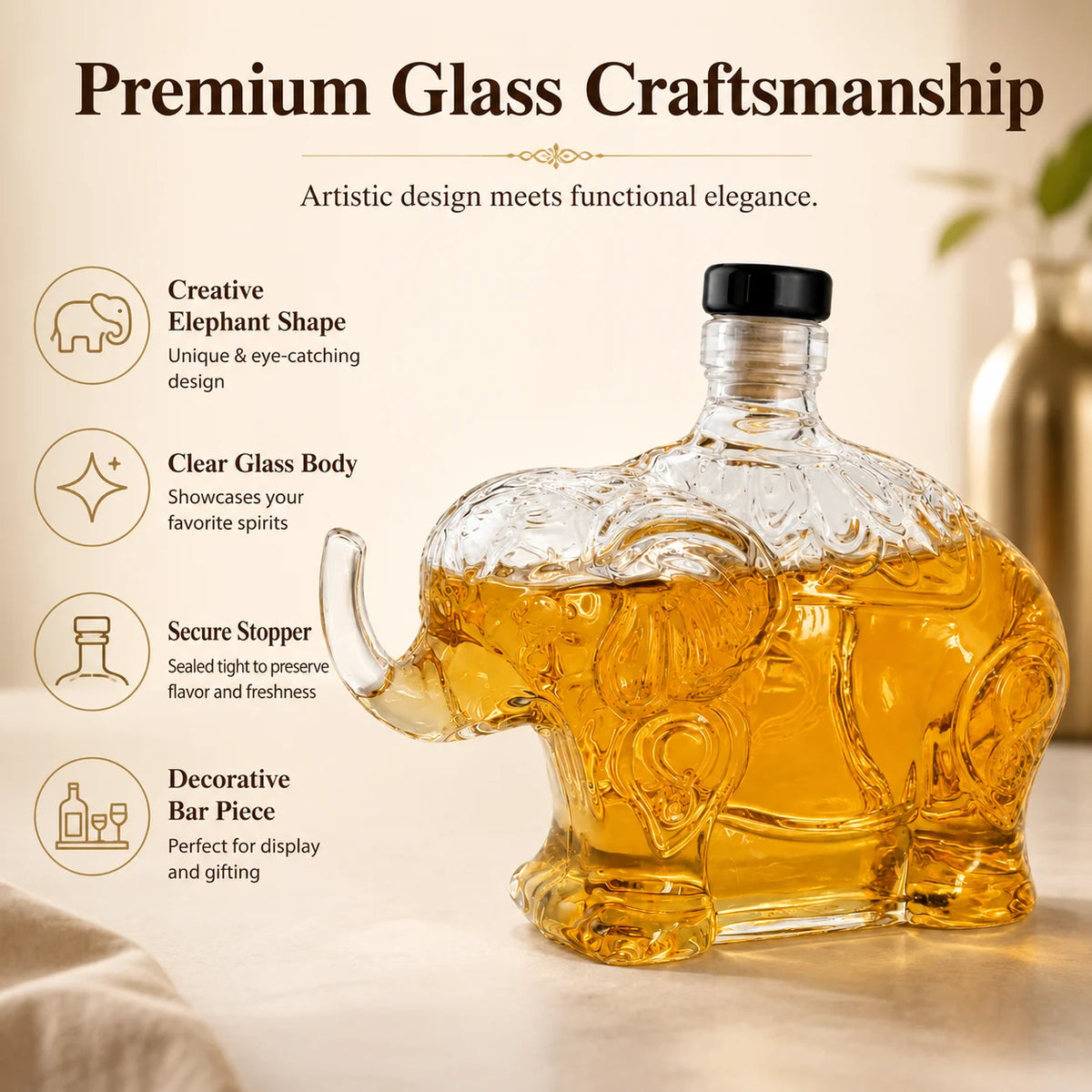 PENDRA Elephant Ornate Glass Whiskey Decanter