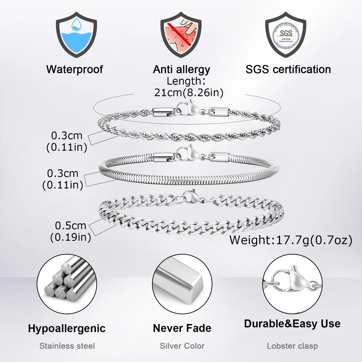 3pcs/set Cuban Chain Bracelet for Men,Classic Stainless Steel Stacked Bracelet,Punk Basic Chains Jewelry Gifts