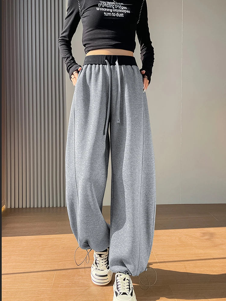 American style sports pants women in autumn and winter 2025 new style thick drawstring color blocking wide leg pants