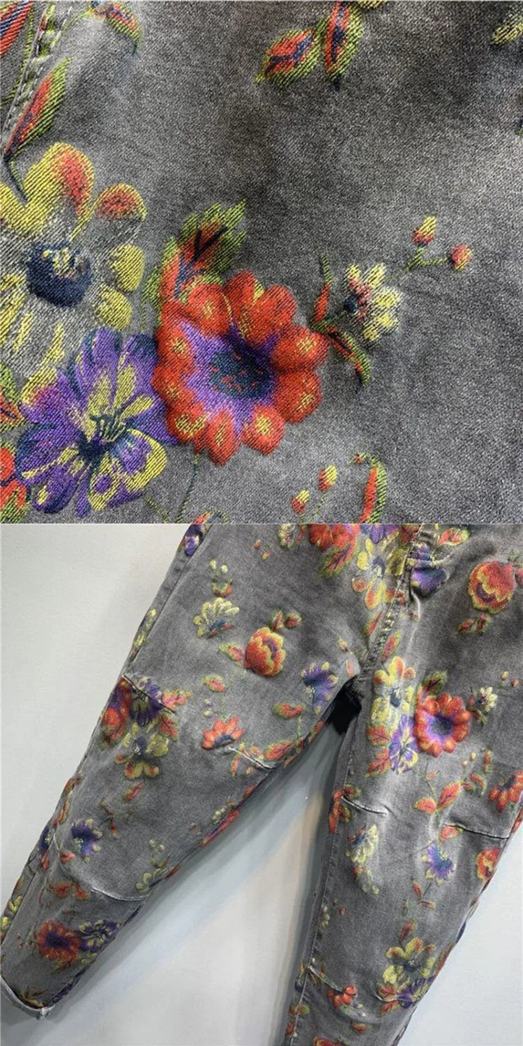 Spring Autumn European Ethnic Style Oversized Printed Jeans Retro Loose Ankle-Tied Harem Trousers Fashionable Denim Pants