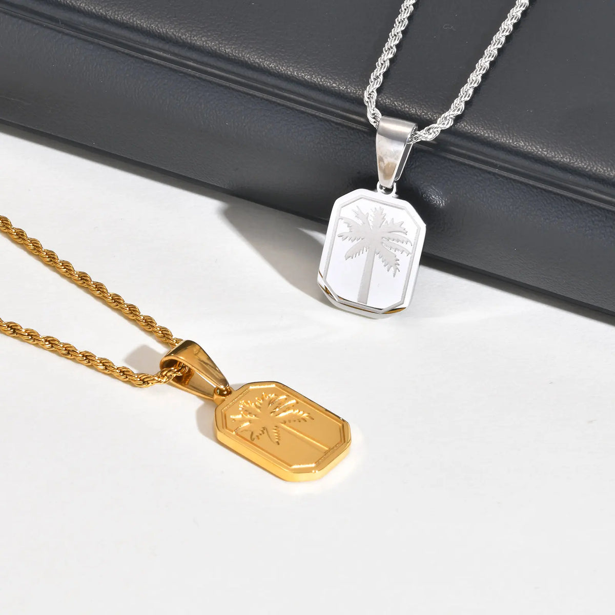 Hawaiian Tree Necklaces for Men,Stainless Steel Palm Trees Square Pendant Necklaces.Chic Stylish Jewelry Gift