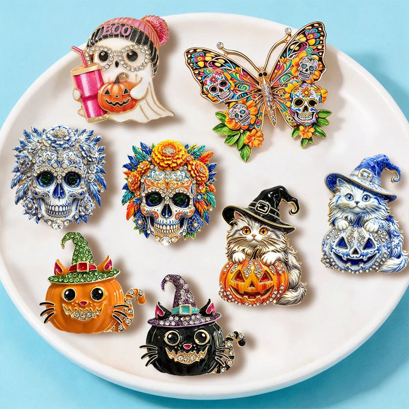 PENDRA Nocturne Pumpkin Skull Ghost Brooch