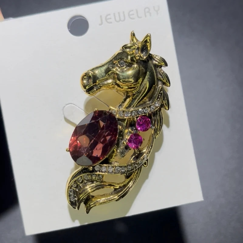 Wuli&baby Vintage Horse Head Horsehair Brooch Pins Crystal Animal Badge Women Jewelry Accessory Gift