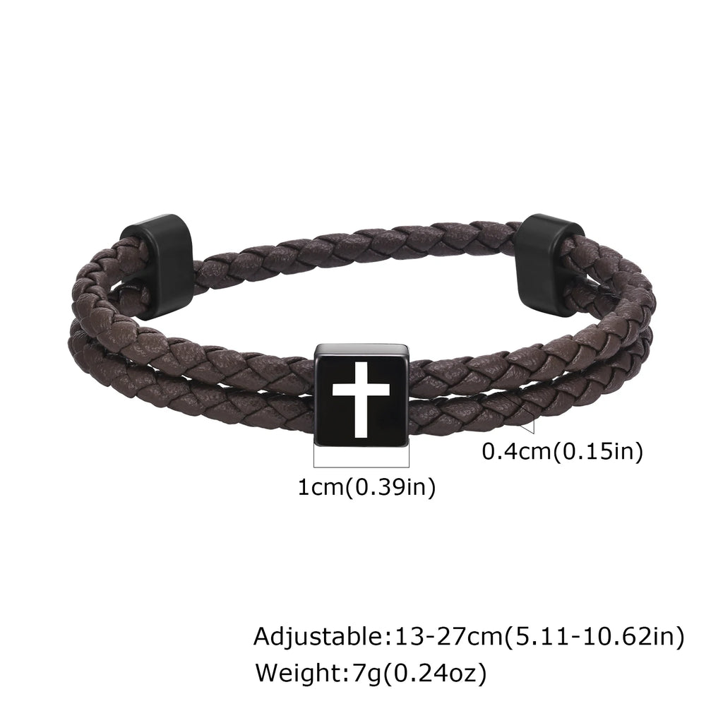 Mens Microfiber Leather Bracelet,Black Adjustable Cross Symbol Rope Wristband,Religious Faith Christ Gift Jewelry