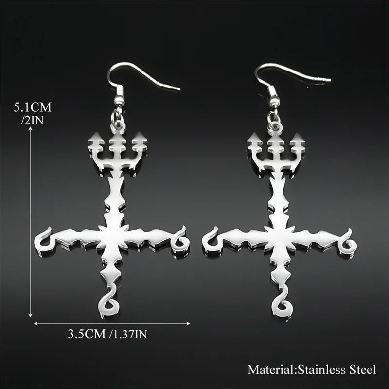 Heavy Metal 666 Music Band Drop Earrings Stainless Steel Black Color Sigil Church of Satan Fork Cross Dangle Earring Jewelry