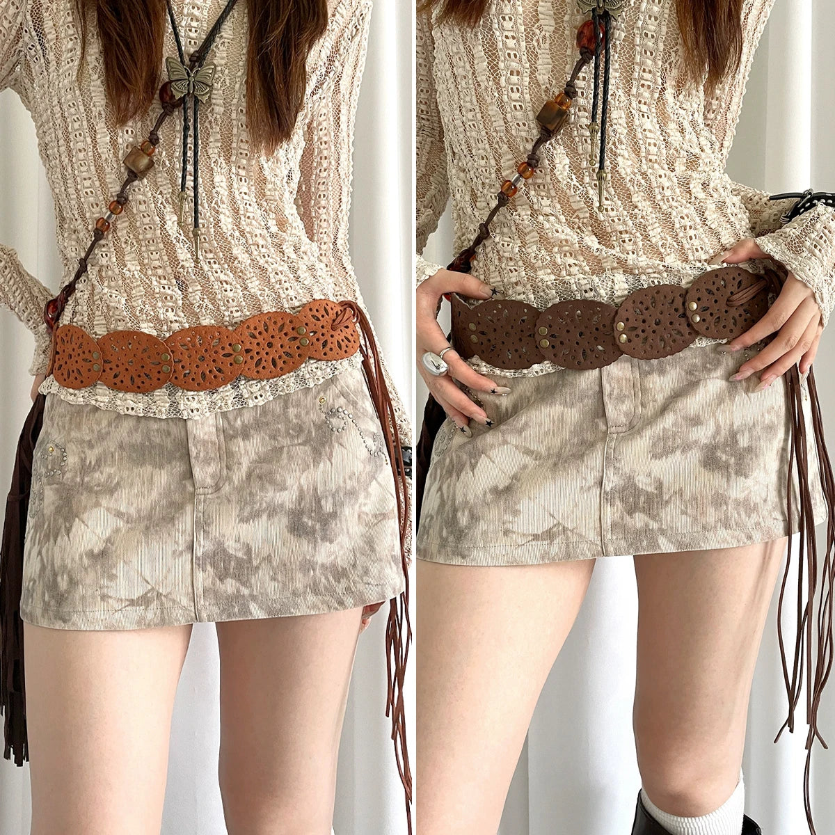 Retro Ethnic Brown Bohemian Wide Belt For Women With Skirt Coat Sweater and Jeans Oval Leather Rope Western Cowgirl Waist Chain
