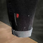 New 2023 Autumn Korean Style Work Ripped Hole Black Cowboy Hip Hop Dotting Ink Slim Jeans Men's Luxury Denim Pants for Men