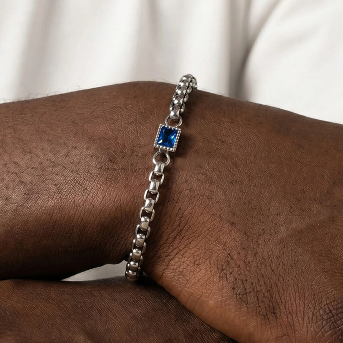Square Blue Black Stone Bracelet for Men,Adjustable Stainless Steel Box Chain Wristband,Trendy Jewelry Gift for Him Dad