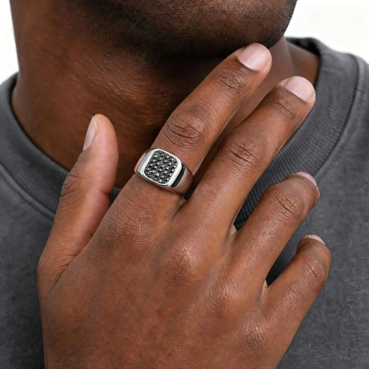 Punk Stainless Steel Signet Ring for Men,Waterproof Black Zircon Square Ring,Hip Hop Trend Jewelry Gift