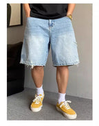 Fashion 2026 New Retro Personalized Ripped Denim Shorts Men's Summer Trendy Brand Ruffian Handsome Straight Baggy Medium Pants