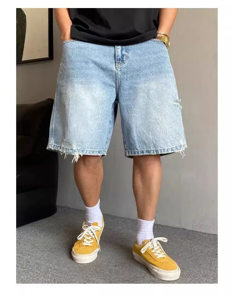 Fashion 2026 New Retro Personalized Ripped Denim Shorts Men's Summer Trendy Brand Ruffian Handsome Straight Baggy Medium Pants