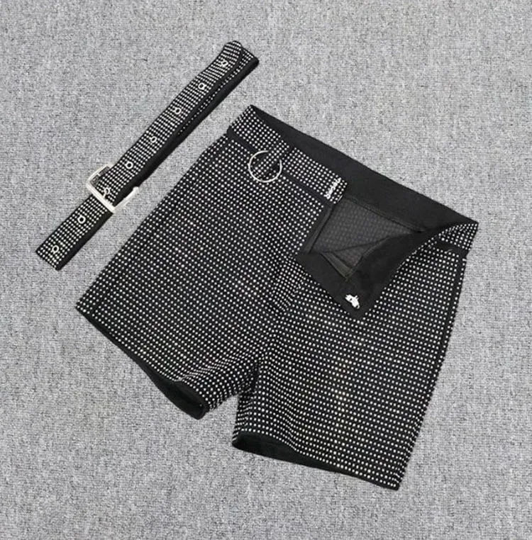 Rhinestone Shorts Women Wide Leg Shorts High Waist Sexy New Fashion Elastic Waist Diamond Casual Hot Pants Female belt
