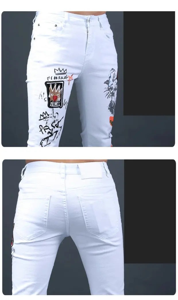 Spring Summer White Hot Drill Ripped Cowboy Korean Style Streetwear Men Washed Luxury Holes Slim Hip-hop Stylish Jeans Trousers