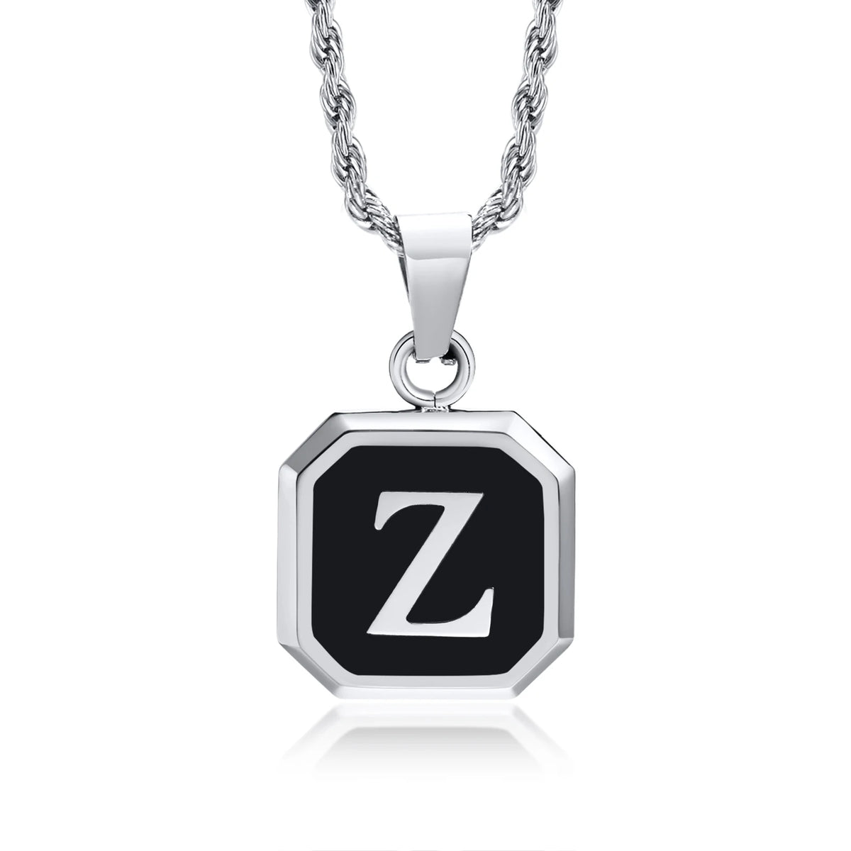 Initials Necklaces for Men Women,A-Z 26 Letters Black Square Stainless Steel Pendant Collar,45-60CM Twisted Rope Chain Gifts