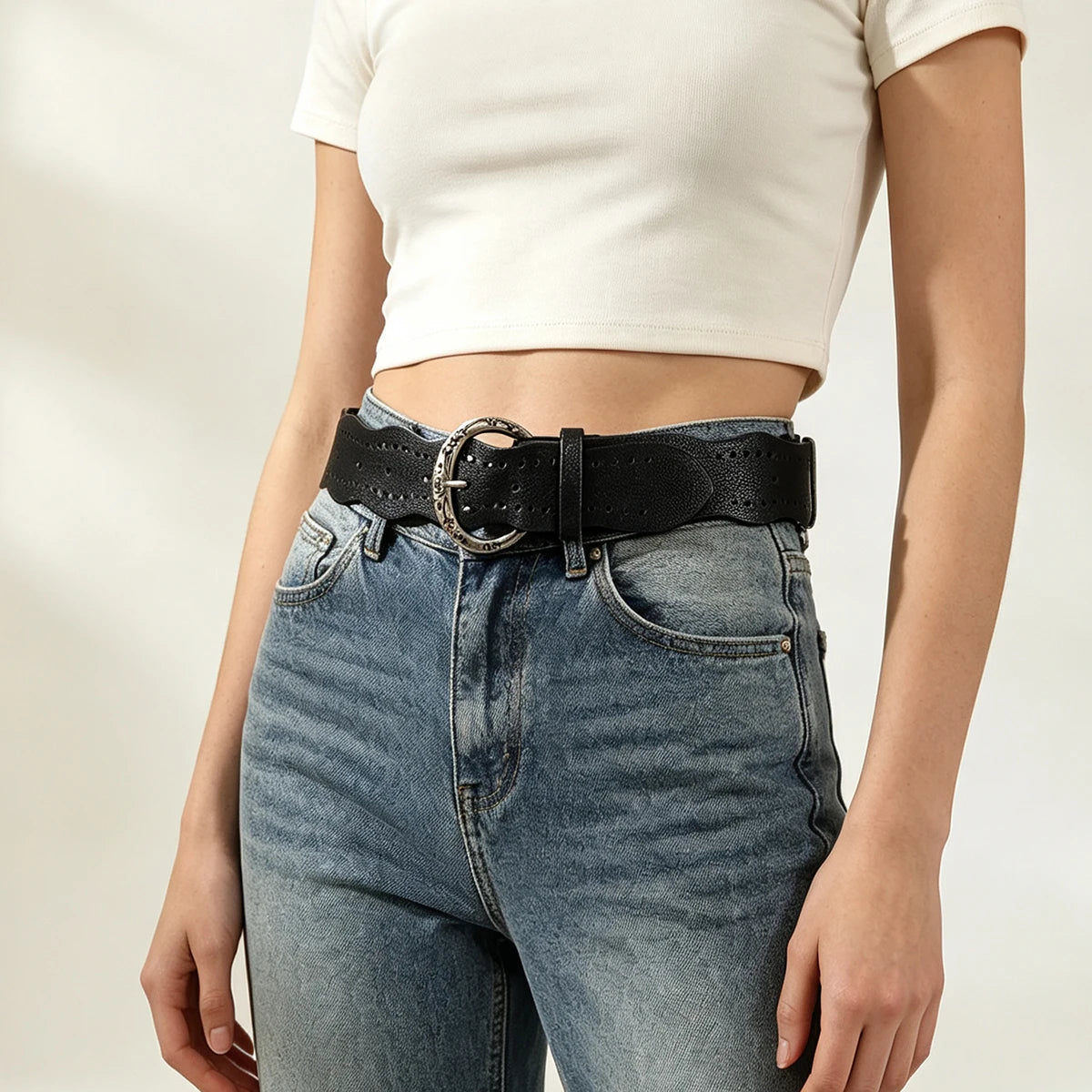 PENDRA Rhealia Leather Silver Pin Buckle Wide Belt