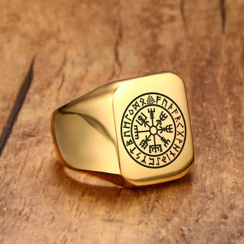 Men Viking Vegvisir Pirate Signet Ring, Free Custom Personalized Stainless Steel Finger Bands Ring for Boys, Amulet Jewelry Gift