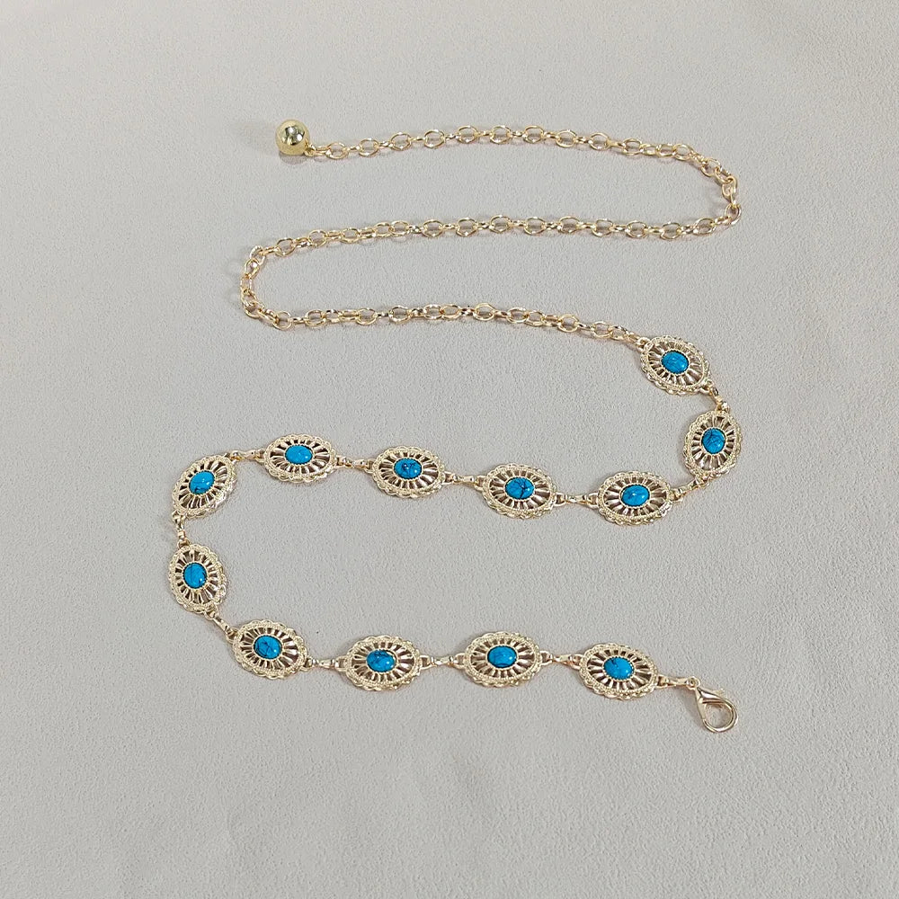 Silver Bohemian Female Metal waist chain Belt luxury Blue Gemstone Ellipse Designer Belts for Women Long Waistband Punk