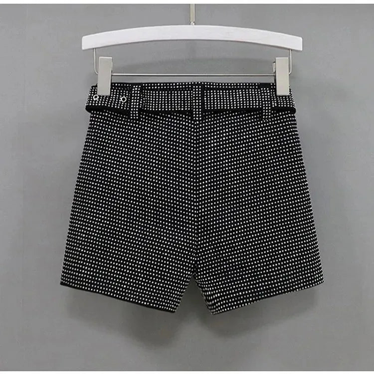 Rhinestone Shorts Women Wide Leg Shorts High Waist Sexy New Fashion Elastic Waist Diamond Casual Hot Pants Female belt