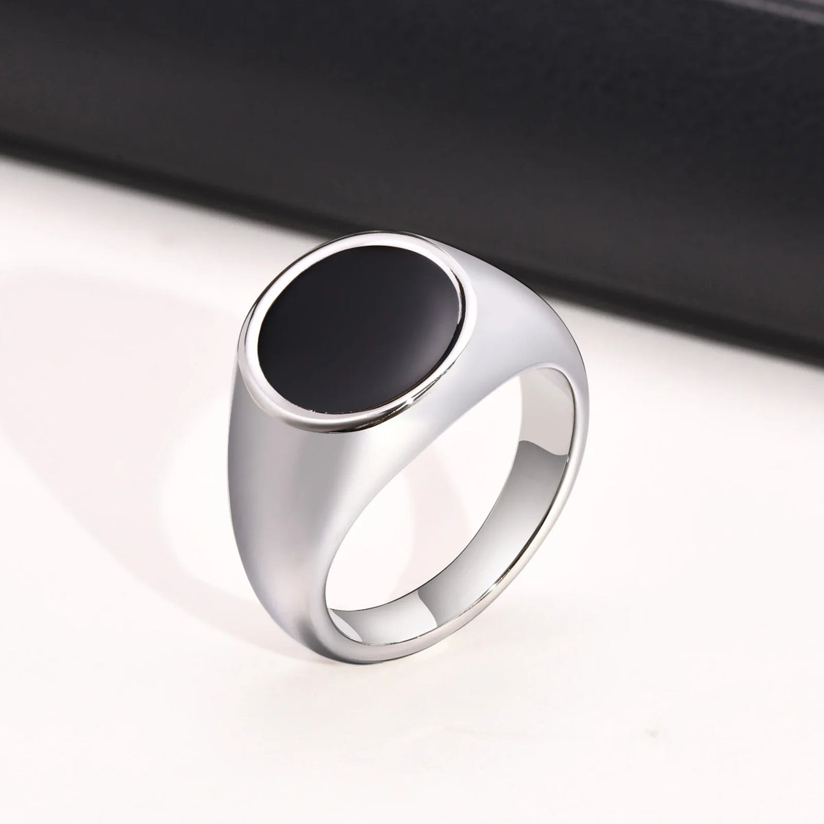 Stylish 13mm Signet Rings for Men, Waterproof Stainless Steel Finger Band with Black Enamel Male Rock Punk Ring Jewelry