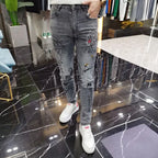 Spring and Autumn 2025 New Men's Jeans Gray Trendy Tiger Head Hot Diamond Printing Slim-fit Small Feet Trousers Men's Clothing