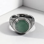Green Dongling Stone Ring for Men,Vintage Stainless Steel Natural Stone Signet Ring,Punk Round Ring Gift