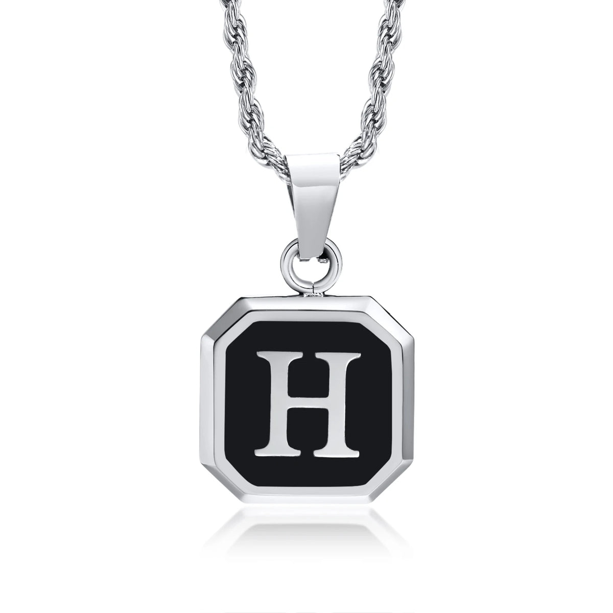 Initials Necklaces for Men Women,A-Z 26 Letters Black Square Stainless Steel Pendant Collar,45-60CM Twisted Rope Chain Gifts