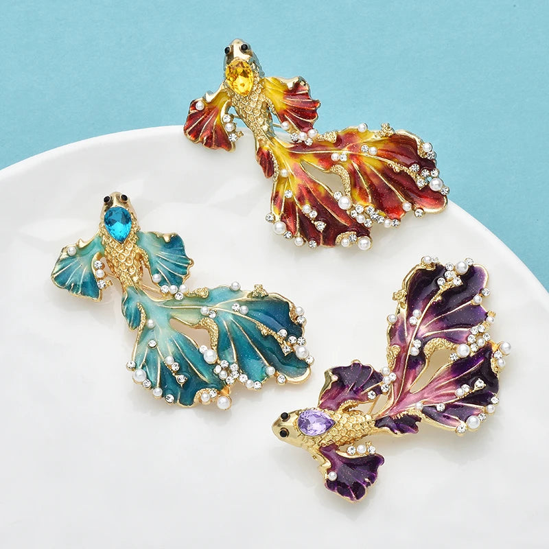 PENDRA Goldfin 3-Color Enamel Long-Tail Goldfish Brooch
