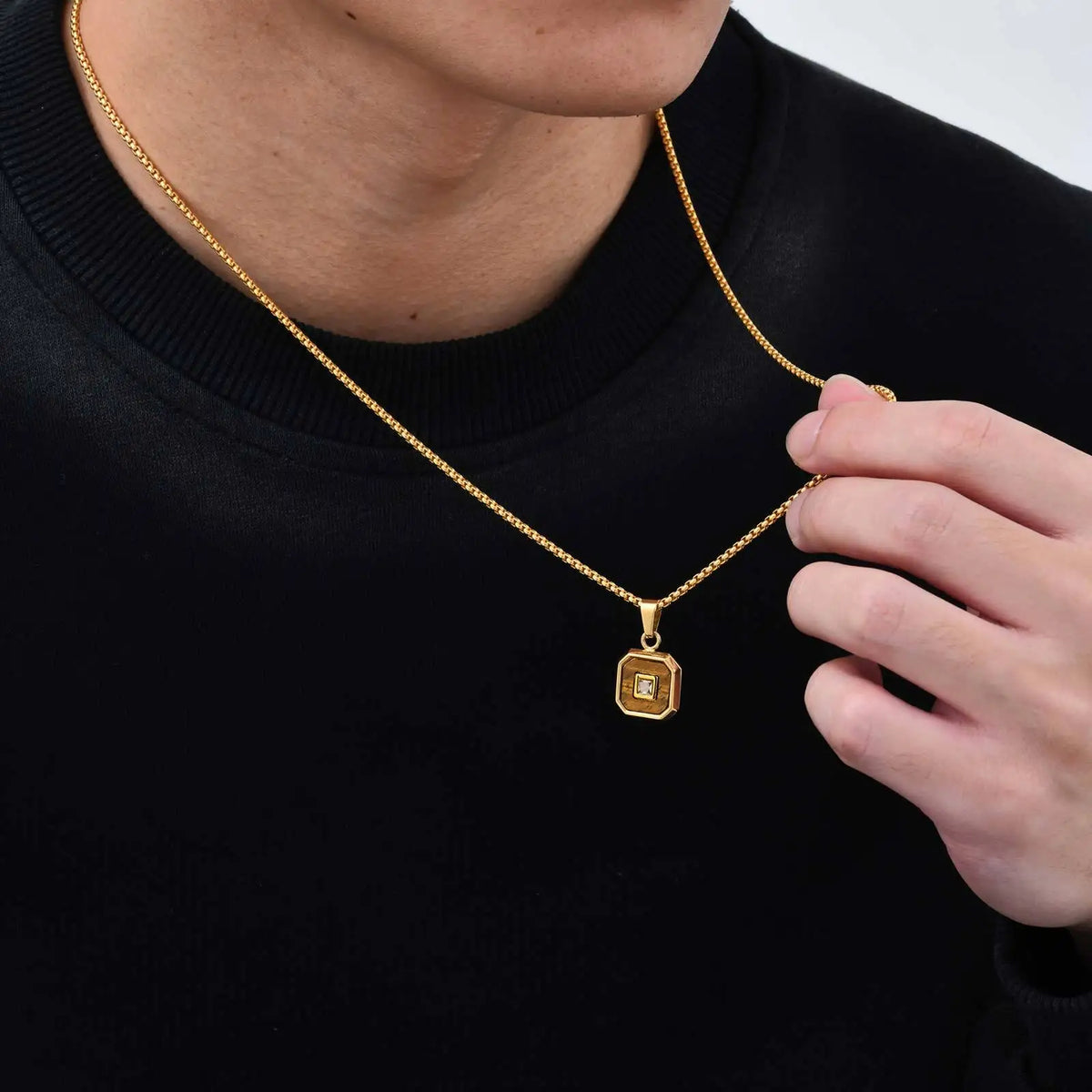 Stylish Square Pendant Necklaces for Men,Small Geometric Natural Stone Stainless Steel Pendant,Center Zircon Collars Gift