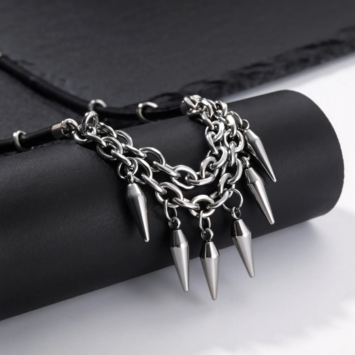 Rock Punk Rivet Leather Necklace for Men,Stainless Steel Tassel Chain Choker,Street Rapper Biker Jewelry Gift