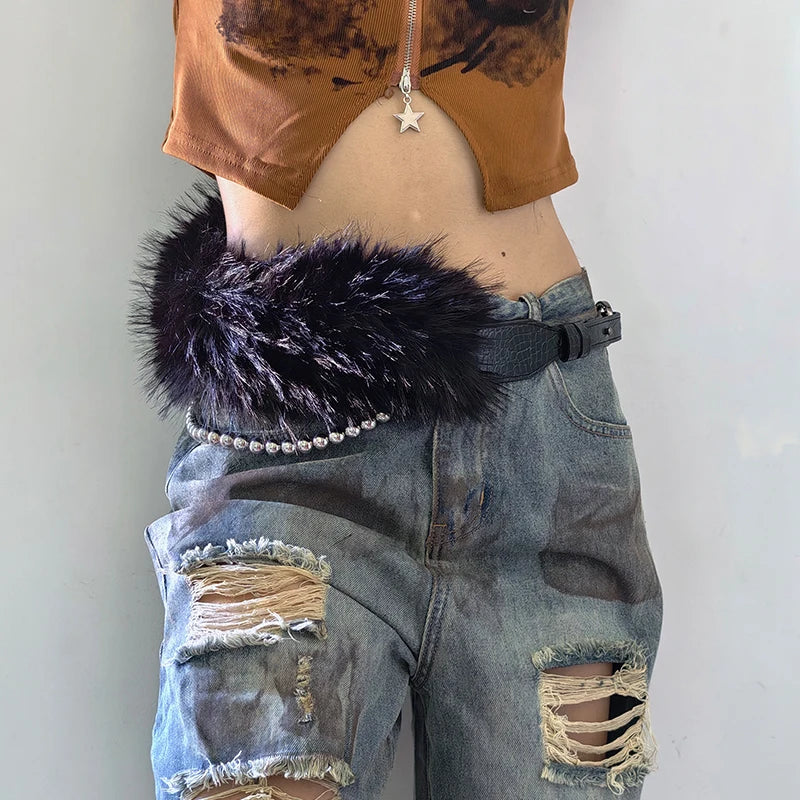 Furry Belt Y2k Belt Subculture Autumn Winter Retro All-Match Plush Waist Chain Imitation Fur Waist Seal Hot Girl Sexy Belt