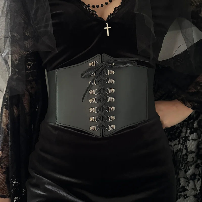 Gothic Triple Buckle with Black Rivet Corset Belts Female Studded Elastic Waspie Waistband Punk Coat Dress Belt For Women