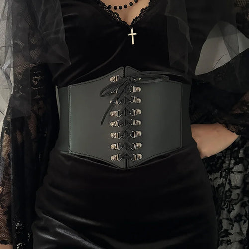 Gothic Triple Buckle with Black Rivet Corset Belts Female Studded Elastic Waspie Waistband Punk Coat Dress Belt For Women