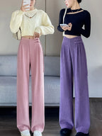 Corduroy pants women autumn and winter new Chinese style buckle casual thick solid color versatile wide leg pants