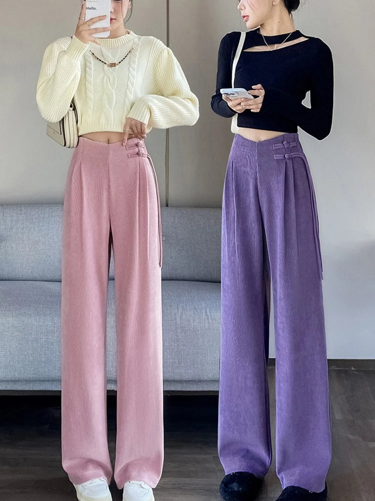 Corduroy pants women autumn and winter new Chinese style buckle casual thick solid color versatile wide leg pants