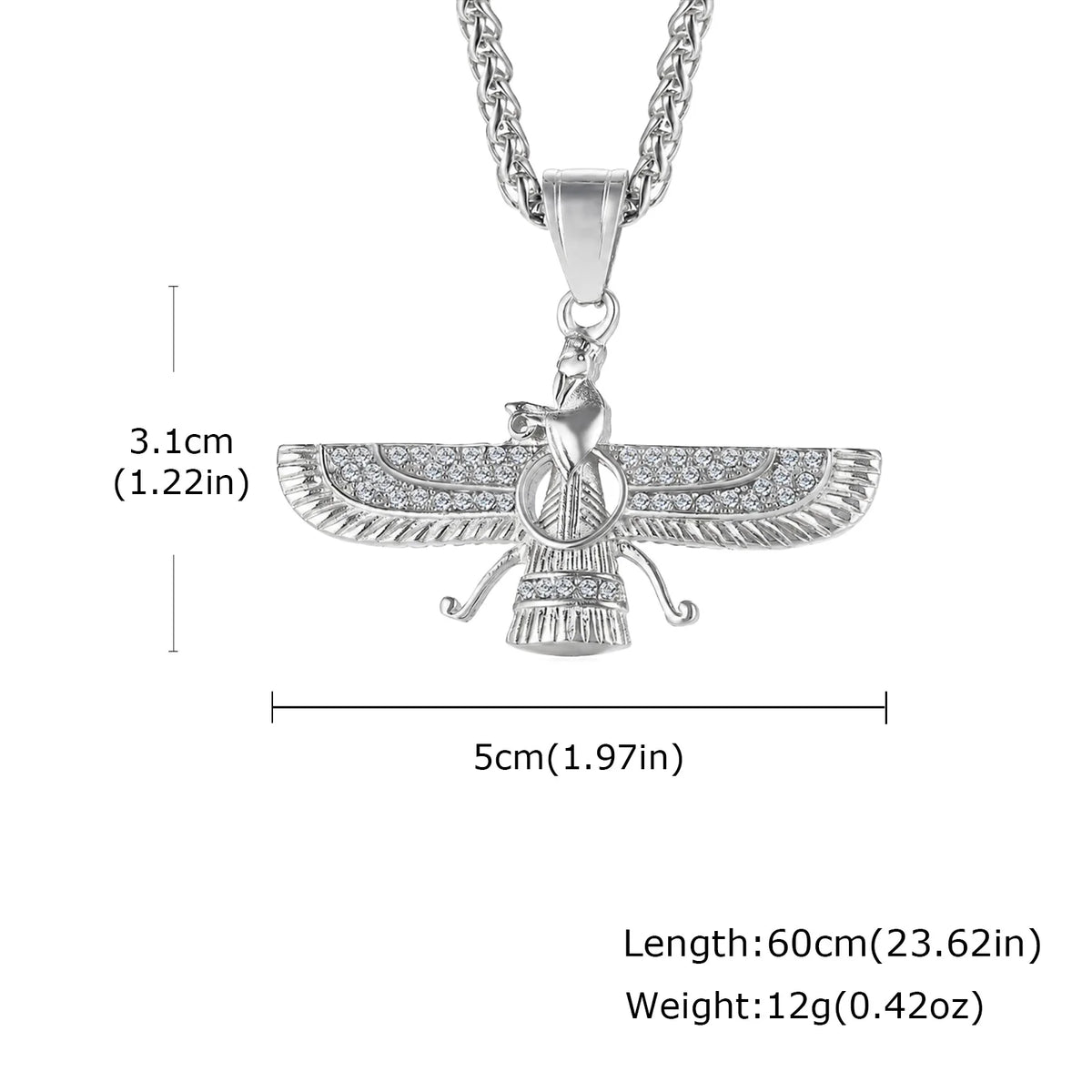 Faravahar Zoroastrian Pendant Necklace for Men,Stainless Steel Winged Eagle Amulet with CZ Stones,Hip Hop Religious Jewelry Gift
