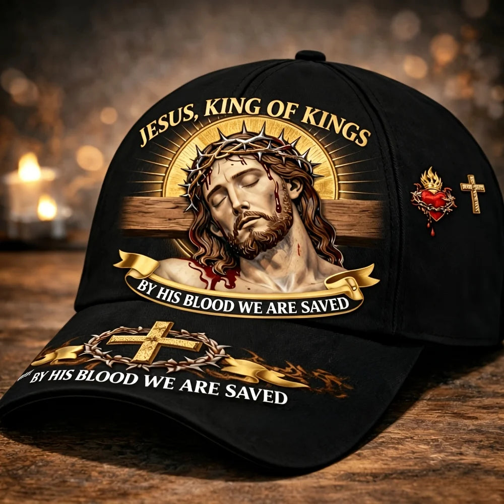 'King of Kings' Baseball Cap | Saved by His Blood, Crown of Thorns, Cross, Sacred Heart, Christian Faith, Prayer, Church