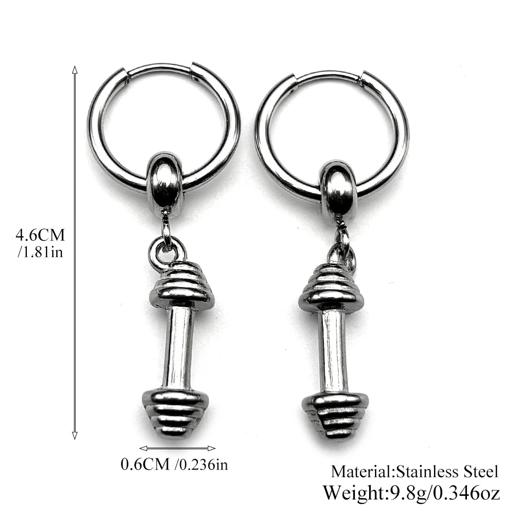 Hiphop Dumbbell Man Earhoop Women Men Stainless Steel Silver Color Sports Style Punk Emo New Design Dangle Earrings Jewelry