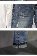 Jeans Ripped Trendy High Street Men's Long Pants Men's Brand Knees 2025 New Spring Autumn Slim Feet Streetwear Men Blue Jeans