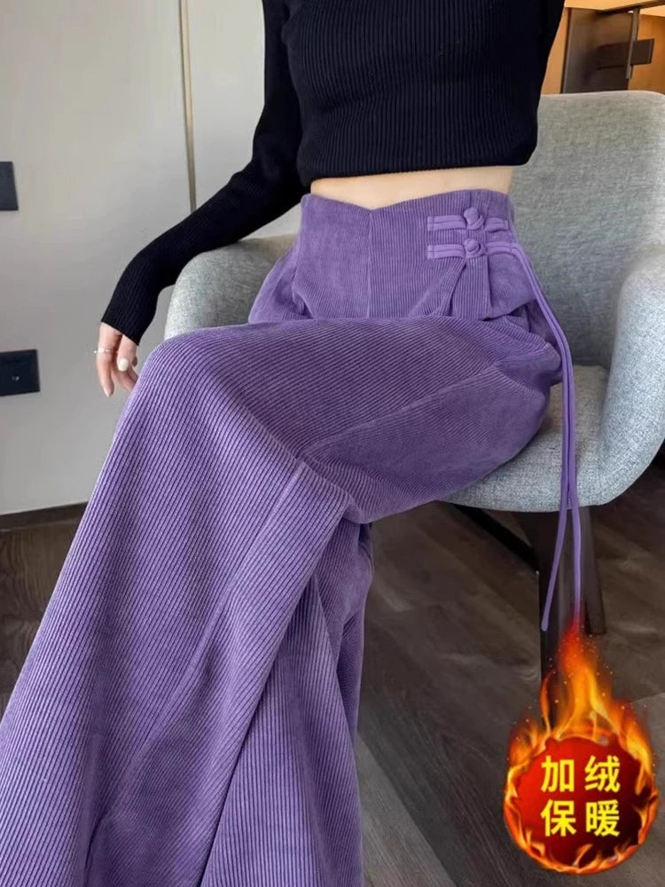 Corduroy pants women autumn and winter new Chinese style buckle casual thick solid color versatile wide leg pants