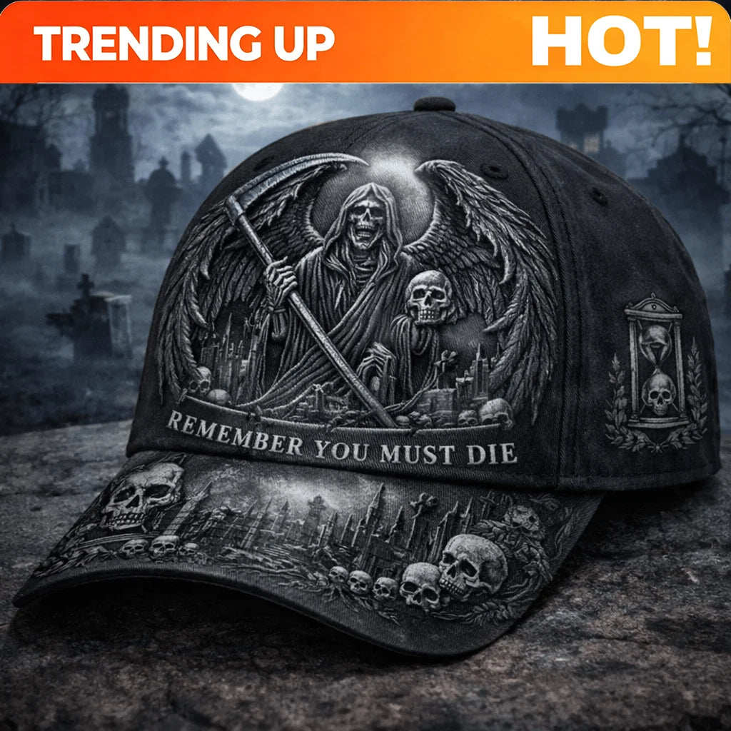 Grim Reaper Gothic Baseball Cap with Winged Skull & "Remember You Must Die" Quote - Adjustable Strap, Dark Cemetery Night Artwor