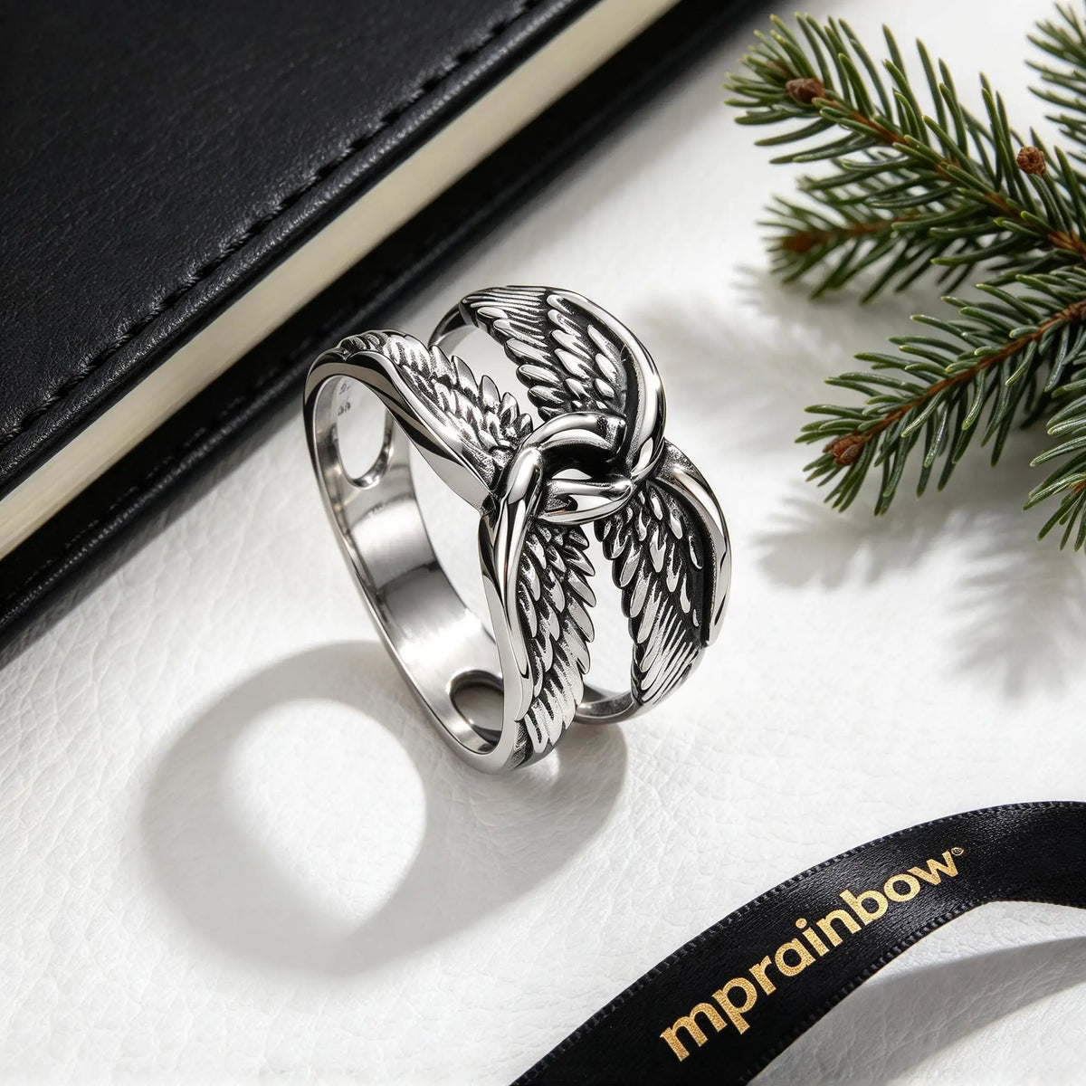 Punk Gothic Men Wings Ring,Stainless Steel Feather Band Statement Ring Signet Ring,Vintage Streetwear Trendy Jewelry Gift