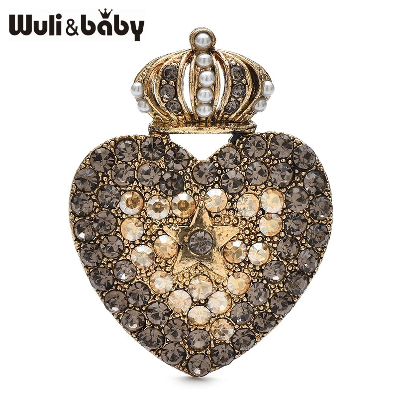 Wuli&baby Vintage Crown Heart Brooches Rhinestone Love Brooch For Women's Clothes Backpack Pins Gifts