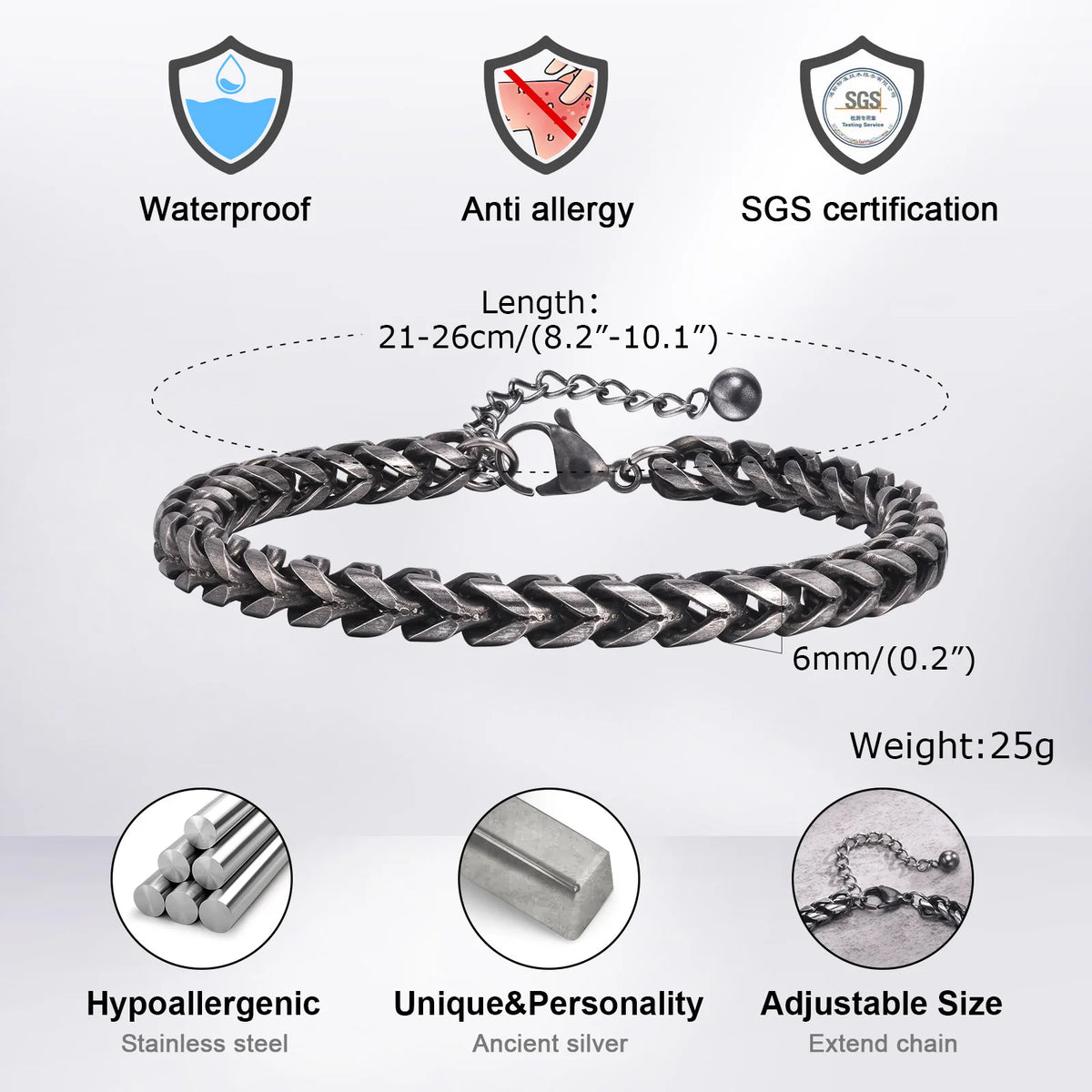 Mens Retro Stainless Steel Chain Bracelet,Punk Geometric Chain Links Wristband Gifts