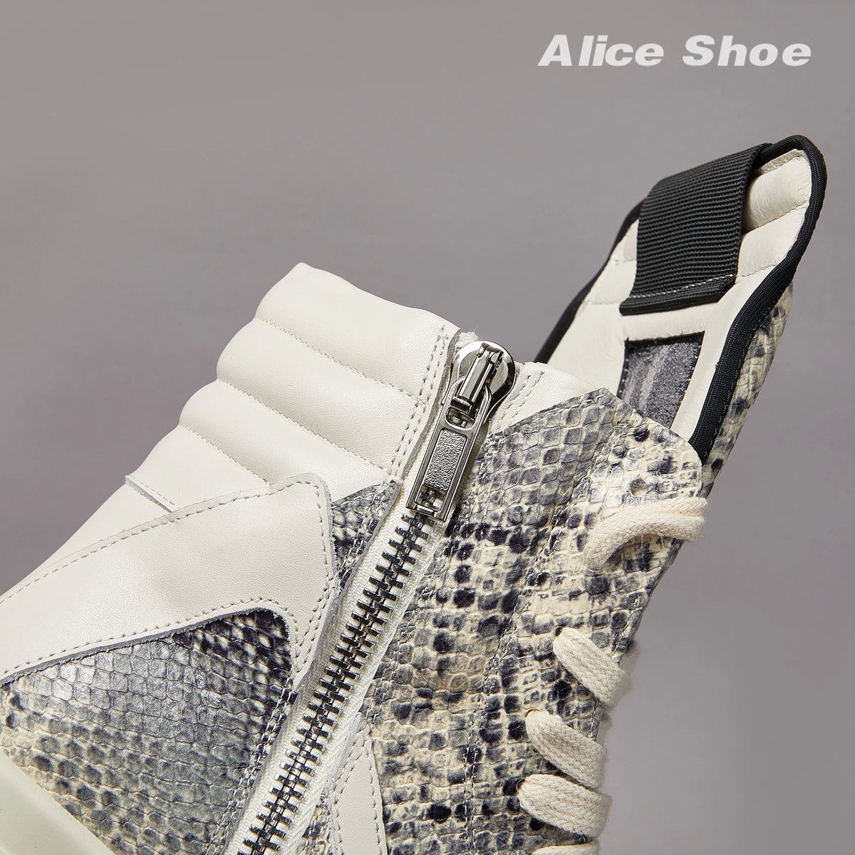 PENDRA Python Ash Grey Python-Embossed Leather High-Top Platform Ankle Boots