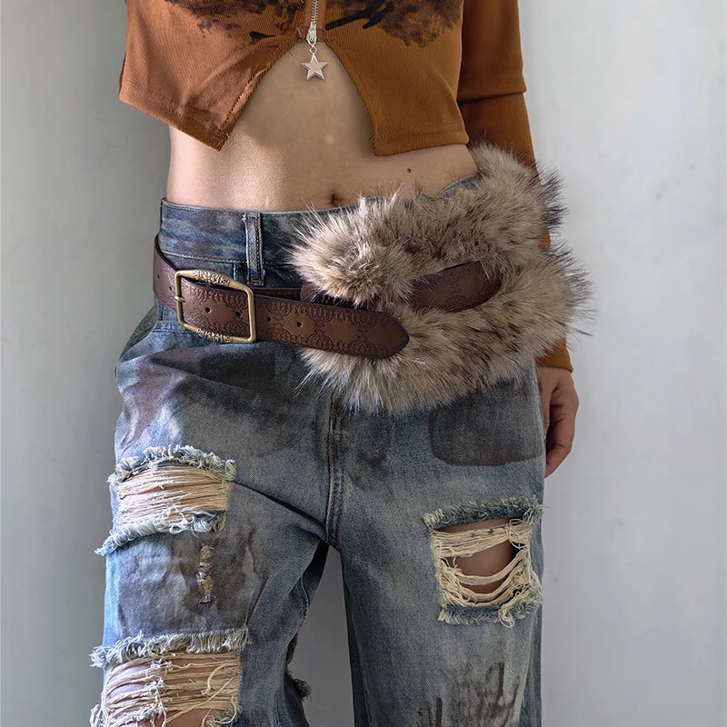 Retro Punk Style Furry Belt For Women Niche Y2k leopard print Belt For Skirts And Jeans American Western Cowboy Waistband