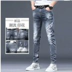 High End Stylish Classic Distinctive Printed Black Stretch Denim Jeans for Men High Quality Slim Fit Stretch Luxury Denim Pants