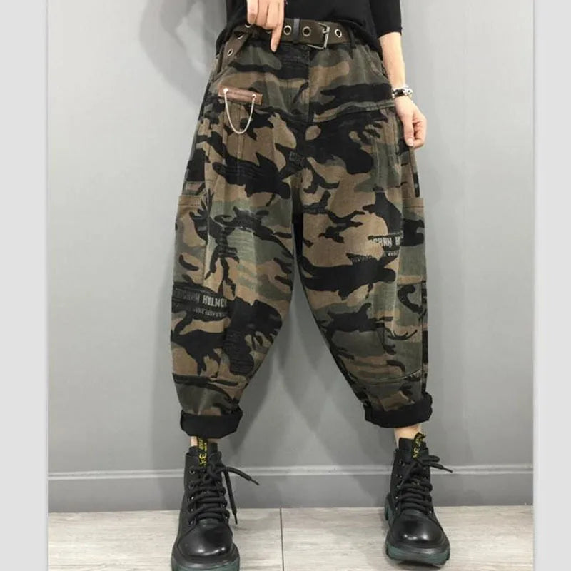 New Arrival 2024 Spring Autumn Women High Waist Ankle-length Loose Vintage Jeans camouflage Cotton Denim Harem Pants