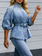 New Women's Retro Washed Lantern Short-sleeved Stand Collar Single-breasted Shirt, Fitted Waist and Belted Denim Top, Suitable for Everyday Wear.